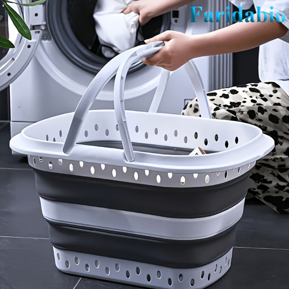 16-Gallon Collapsible Plastic Laundry Basket in Gray and White with Folding Walls and Carry Handles