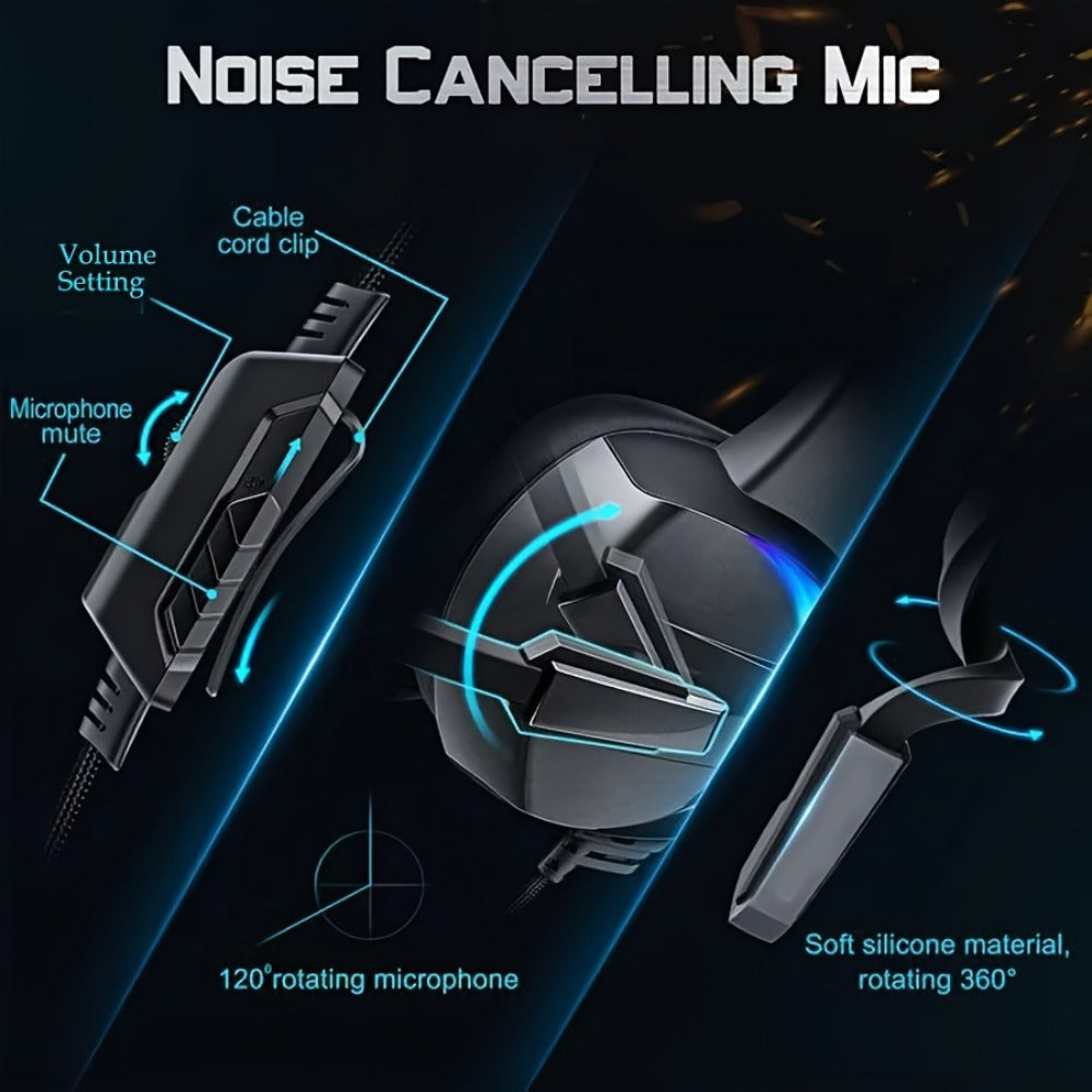 Black Wired Gaming Headset with Boom Microphone, RGB-Style Earcup Lighting and Inline Cable Controls