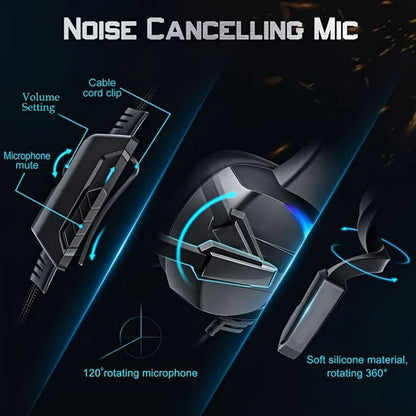 Black Wired Gaming Headset with Boom Microphone, RGB-Style Earcup Lighting and Inline Cable Controls