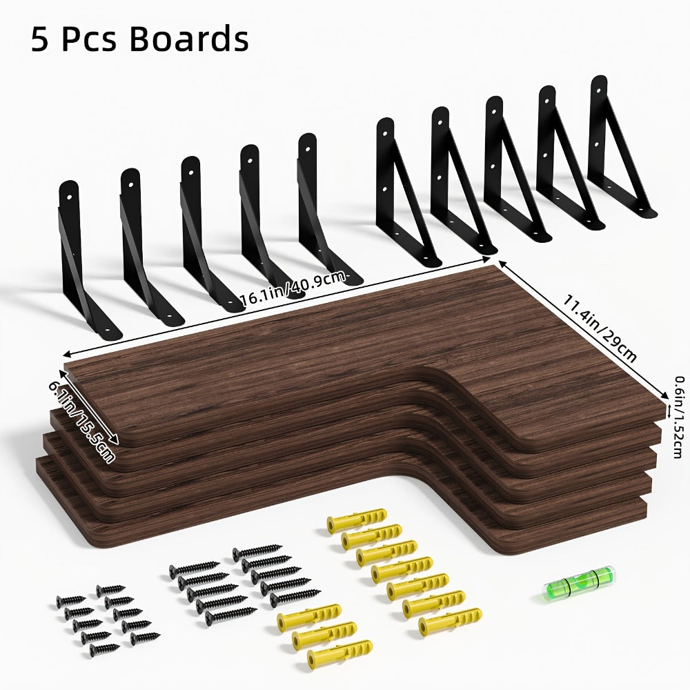 Corner Wall Shelf Set with L-Shaped Boards, Metal Brackets, Five- or Six-Piece Options and Seven Finishes