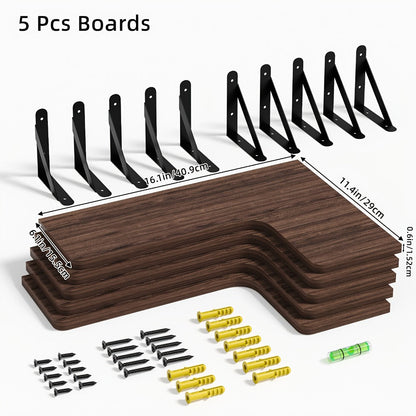 Corner Wall Shelf Set with L-Shaped Boards, Metal Brackets, Five- or Six-Piece Options and Seven Finishes
