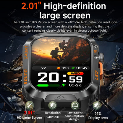 Large Screen Men's Smartwatch 2.01" Wireless Calling, 100+ Sport Modes, LED Flashlight, Purple Light, Heart Rate SpO2 Sleep Tracker, Phone Sync & Notifications – Compatible with iPhone & Android