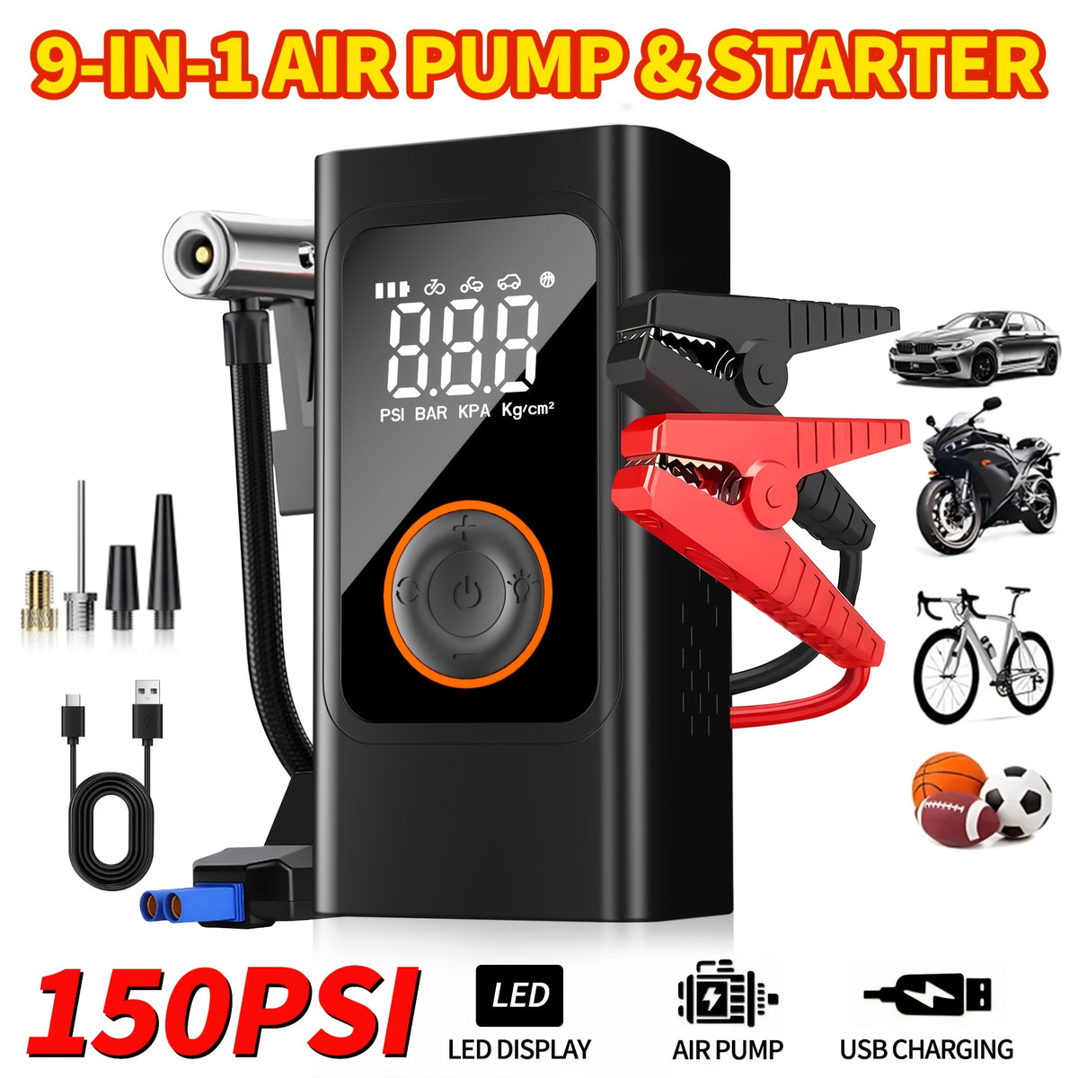 Portable Tire Inflator Air Compressor 150PSI – Cordless Smart Air Pump with Digital Pressure Gauge, LCD Display, 3X Fast Inflation, 6000mAh Battery, for Cars, Motorcycles, Bicycles & Balls