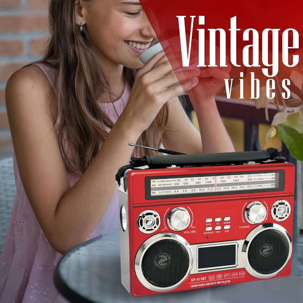 Solar Powered Bluetooth Radio Retro Portable AM FM SW with LED Flashlight, TF SD USB AUX MP3 Playback, Telescopic Antenna & Leather Handle for Camping Emergency Outdoor