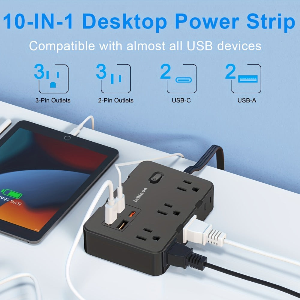 Flat Plug Extension Cord Surge Protector 10-in-1 with 6 AC Outlets 2 USB-C 2 USB-A Ports 5ft Ultra Thin Power Strip 5V/3.1A Wall Mount Charging Station for Home Office Dorm – Black & White