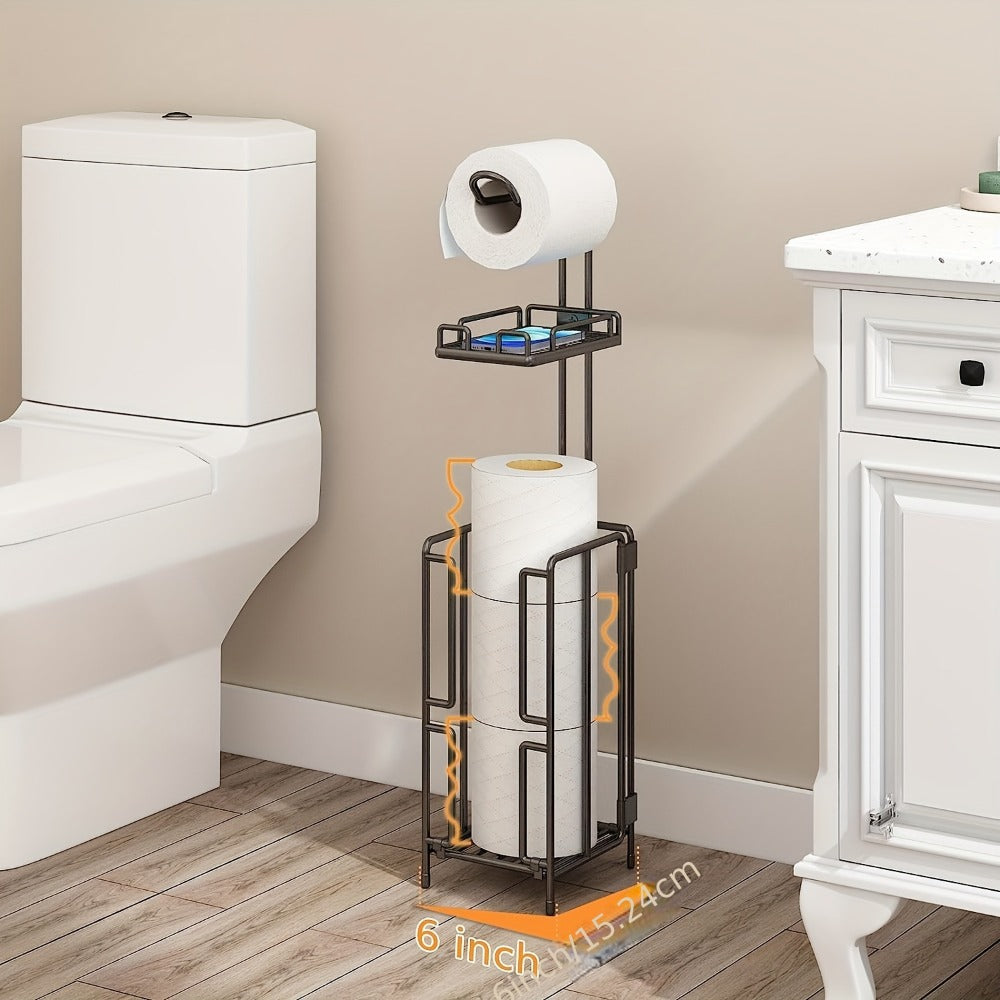 Freestanding Toilet Paper Holder with Square Reserve-Roll Cage, Upper Shelf and Single or Two-Pack Options