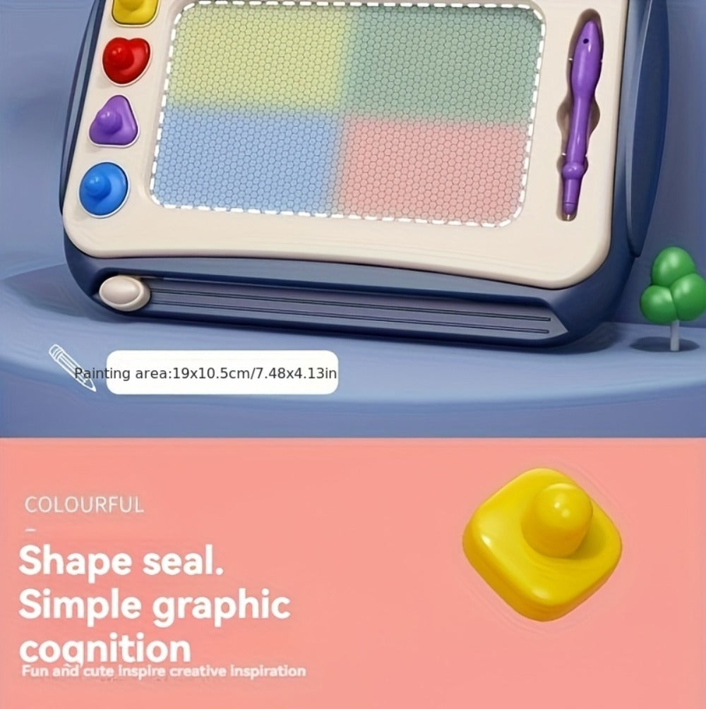 Three-Mode Magnetic Drawing Board with Four Stamps, Brush, Eraser Slider and Six Color Configurations