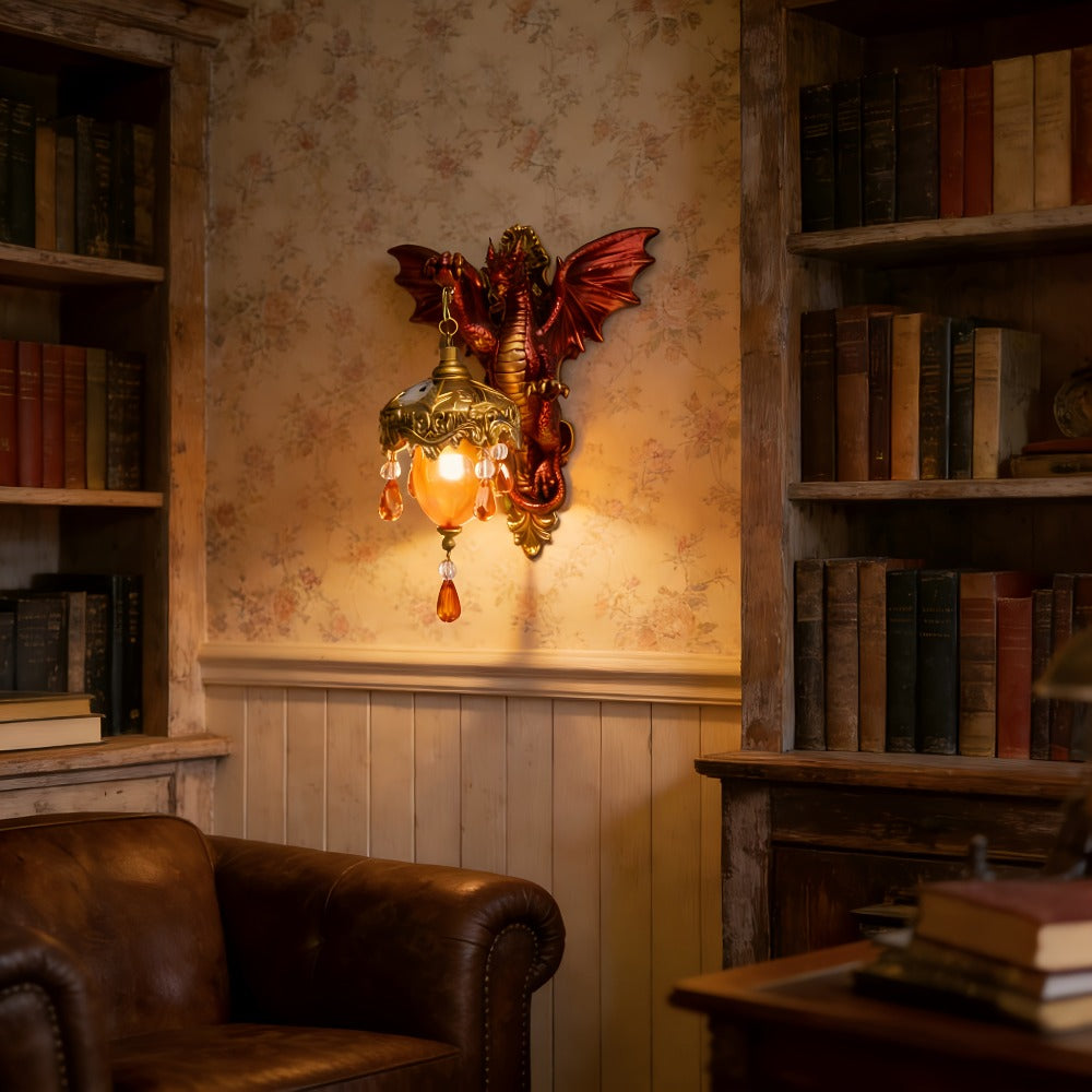 Red Dragon Wall Accent Light with Antique-Gold Lantern Shade and Amber Teardrop Decorations