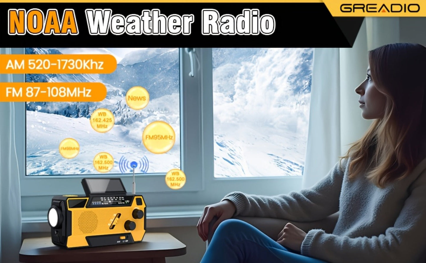 2000mAh AM/FM/NOAA Emergency Radio with Built-In Charging Cables, Solar Panel, Hand Crank and Three Colors