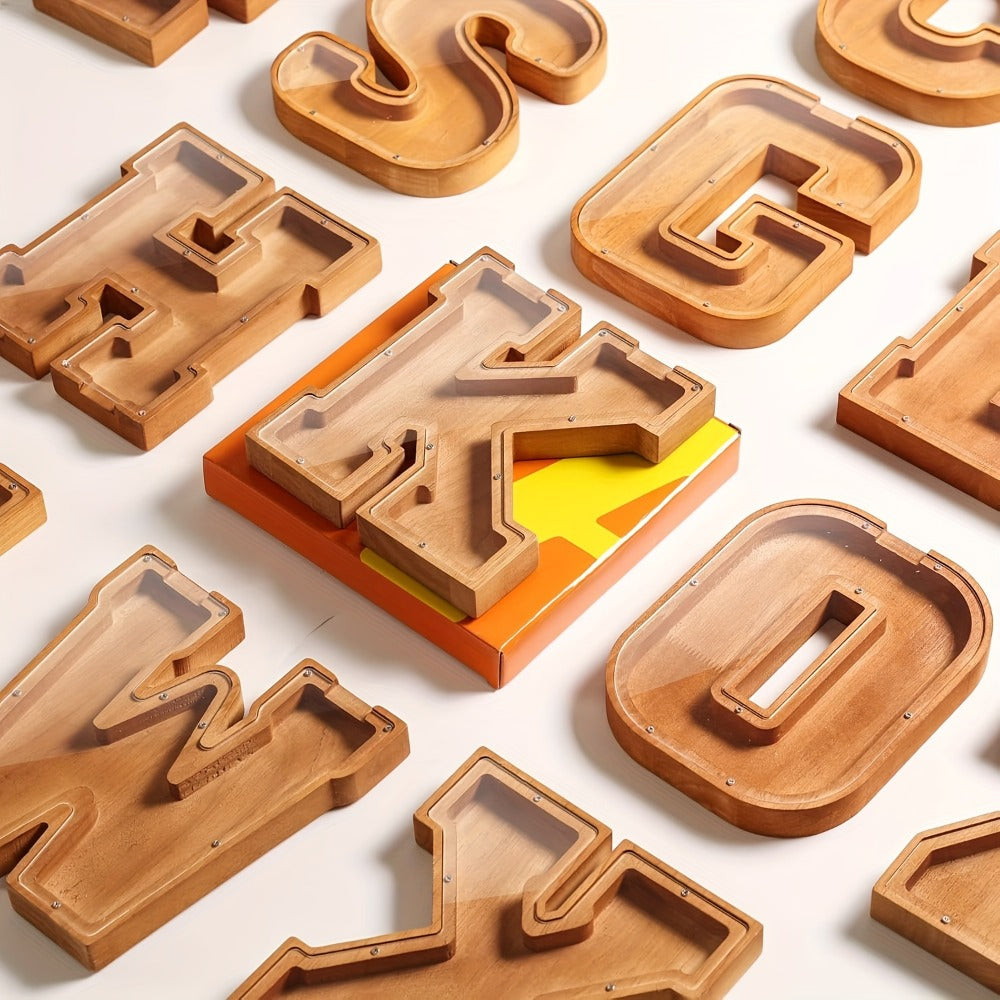 Wooden Alphabet Letter Coin Bank with Clear Front Panel and 23 Fixed Initial Options for Display