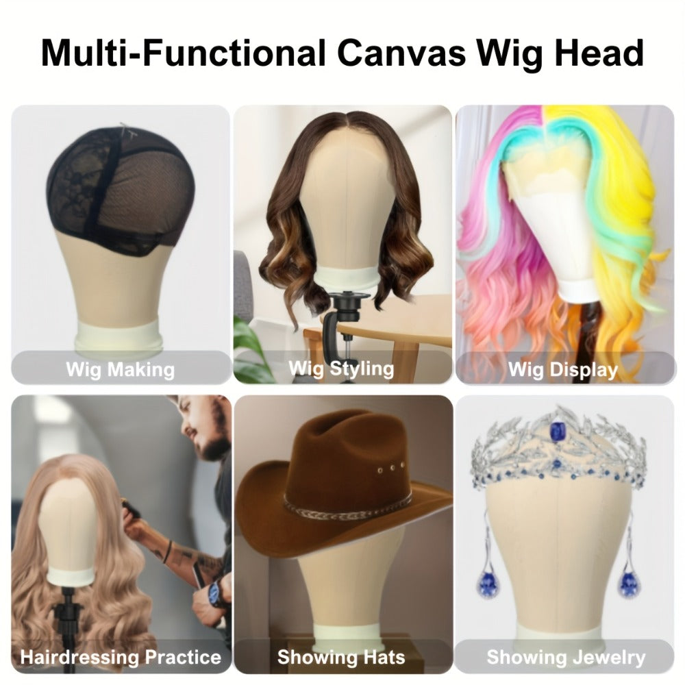 Canvas Mannequin Head Sets in 21, 22, 23 or 24 Inch Options with Table Clamp, Pins and Wig Caps