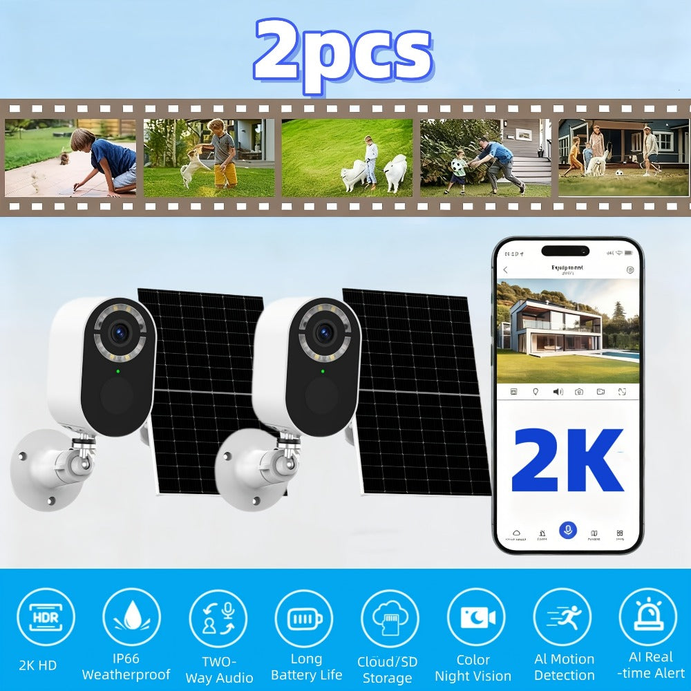 Security Camera 2K Solar Outdoor Model with Color Night Vision, Two-Way Audio, Human-Figure Alarm and Four Bundles