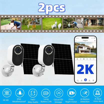 Security Camera 2K Solar Outdoor Model with Color Night Vision, Two-Way Audio, Human-Figure Alarm and Four Bundles