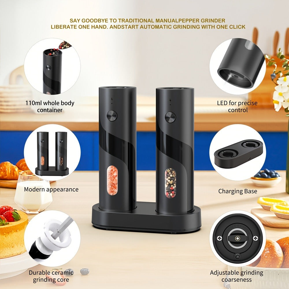 Electric Salt and Pepper Grinder Set with LED Light & Gravity Sensor – USB Rechargeable, Top-Fill, Large Capacity Automatic Spice Mill – 1 or 2 Pack Kitchen Gift Set