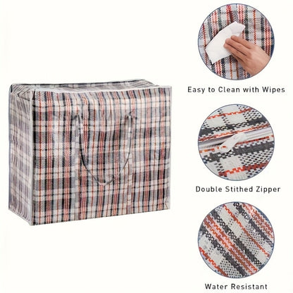 Storage Bag Set, 3-Piece Checkered Fabric Moving Organizers with Zipper Closures, Carry Handles and Foldable Design