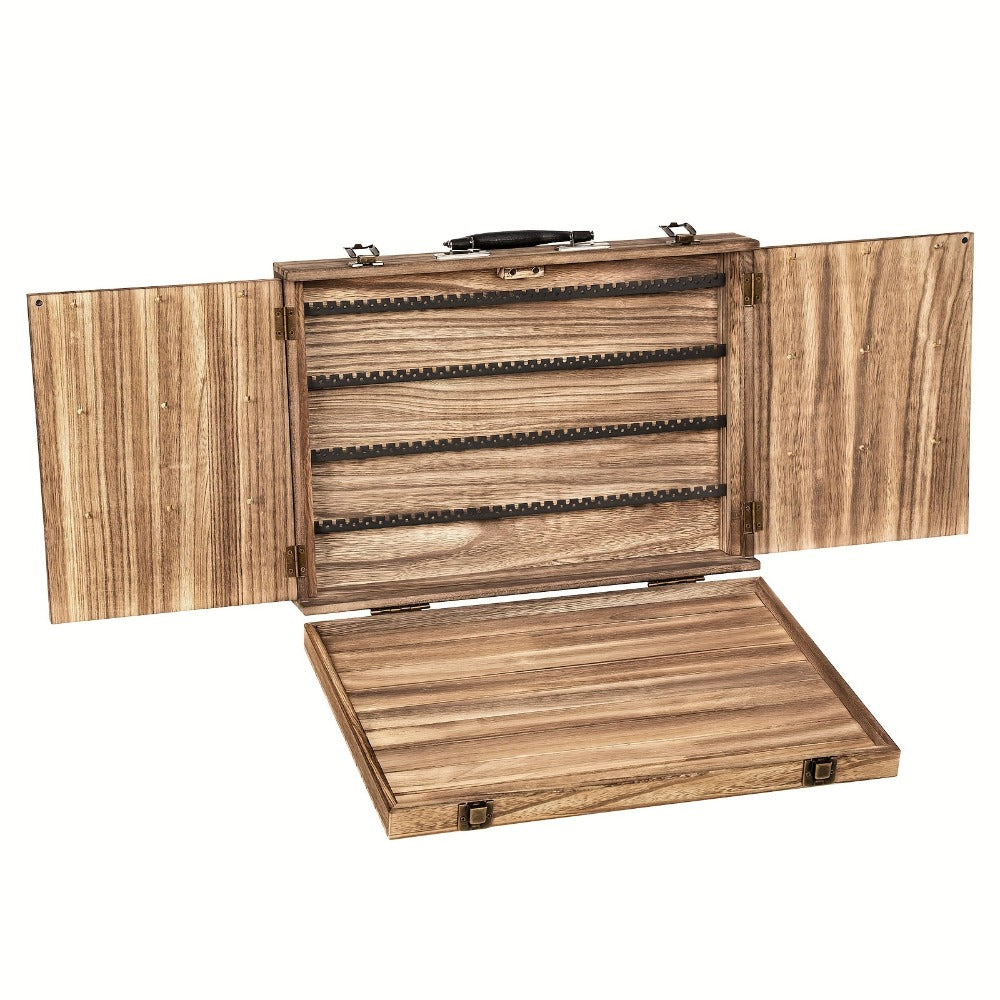 Burnt-Wood Jewelry Display Case with Carry Handle, Buckle Closure and Multi-Section Earring Card Storage