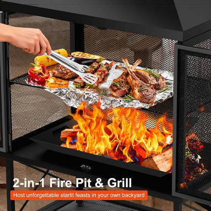 Outdoor Fireplace 39 Inch Rectangular Wood Burning Fire Pit with Grill, Spark Screen & Poker, Large Metal Patio Fireplace with Wood Storage for Garden Deck Backyard, Black