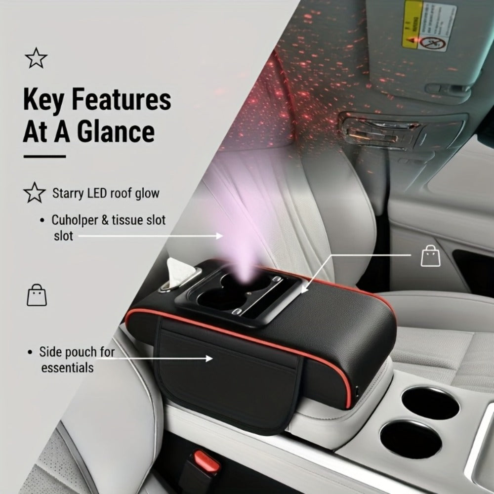 Car Armrest Box Cover Starry Sky Memory Foam Center Console Pad with Type-C USB Charging Port & Storage Pockets – Multifunctional Interior Protector Gift for Men and Women