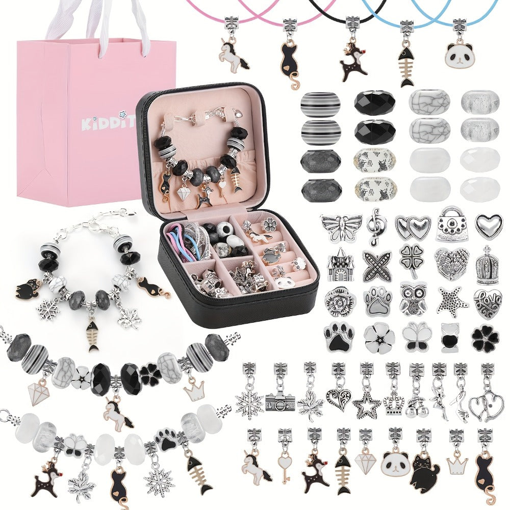 Bracelet Making Craft Kit with Portable Jewelry Box, Beads and Charms in Seven Color or Theme Options