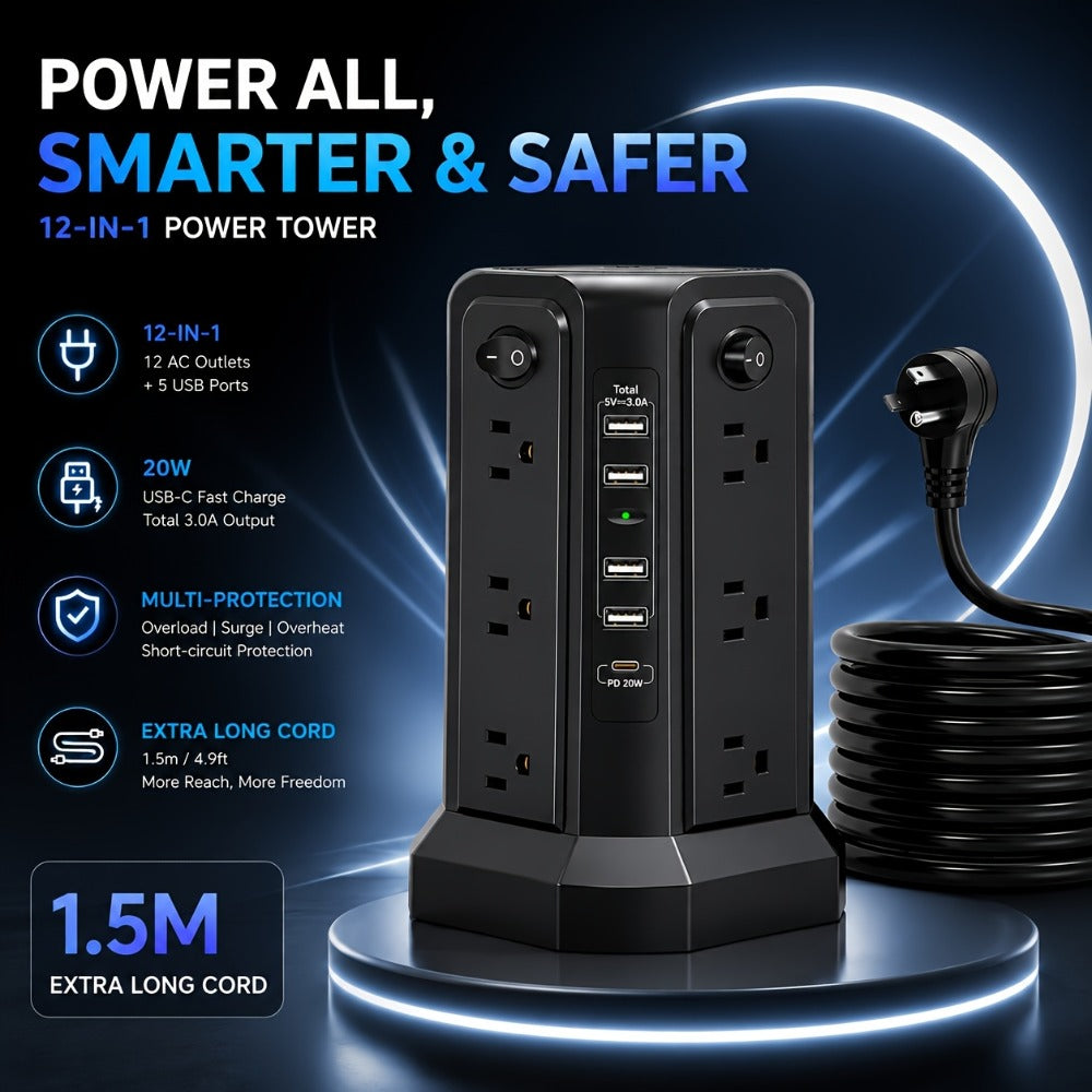 Power Strip Tower with 12–16 AC Outlets, 4 USB-A, PD 20W USB-C and 1500J Surge Protection for Home Office Charging