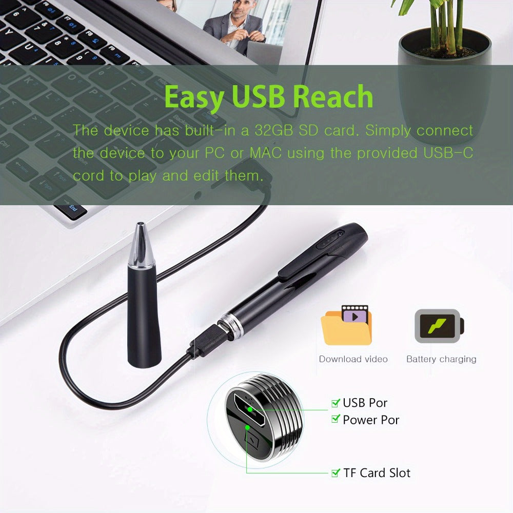 1080P Pen-Style Body Camera with One-Button Recording, USB Port and Camera-Only, 32GB or 64GB Card Options