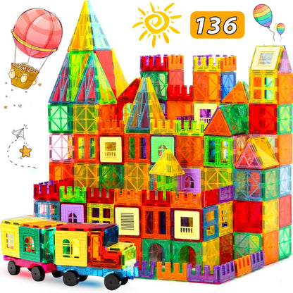 Magnetic Tiles Building Sets in 80, 106 or 136-Piece Options with Multicolor Translucent Shapes and Vehicle Bases