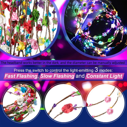 Light Up Flower Crown Headbands 36 Pack Bulk LED Fiber Optic Floral Tiara Glow Party Favors for Women Girls Wedding Birthday Halloween Mardi Gras Bachelorette Cosplay Festival Beach Accessories