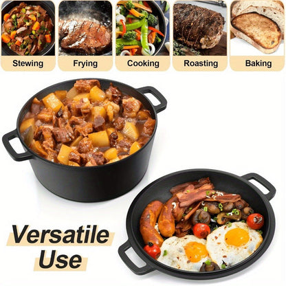 5QT Pre-Seasoned-Labeled Cast Iron Dutch Oven with Reversible 2QT Skillet Lid and Dual Loop Handles