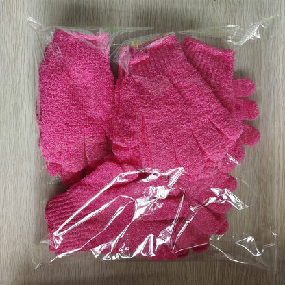 Twenty-Piece Rose-Red Exfoliating Shower Glove Set with Textured Five-Finger Mitt Design Pictured