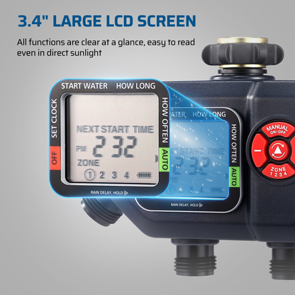 4-Zone Sprinkler Timer with Auto/Manual/Rain Delay Modes – Programmable Garden Irrigation Controller, 3.4" LCD Display