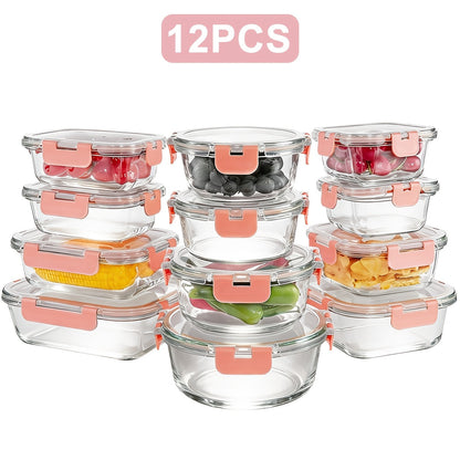 Food Storage Containers 12-Piece Glass Set with Clip-On Lids for Microwave, Oven, Freezer and Dishwasher Use