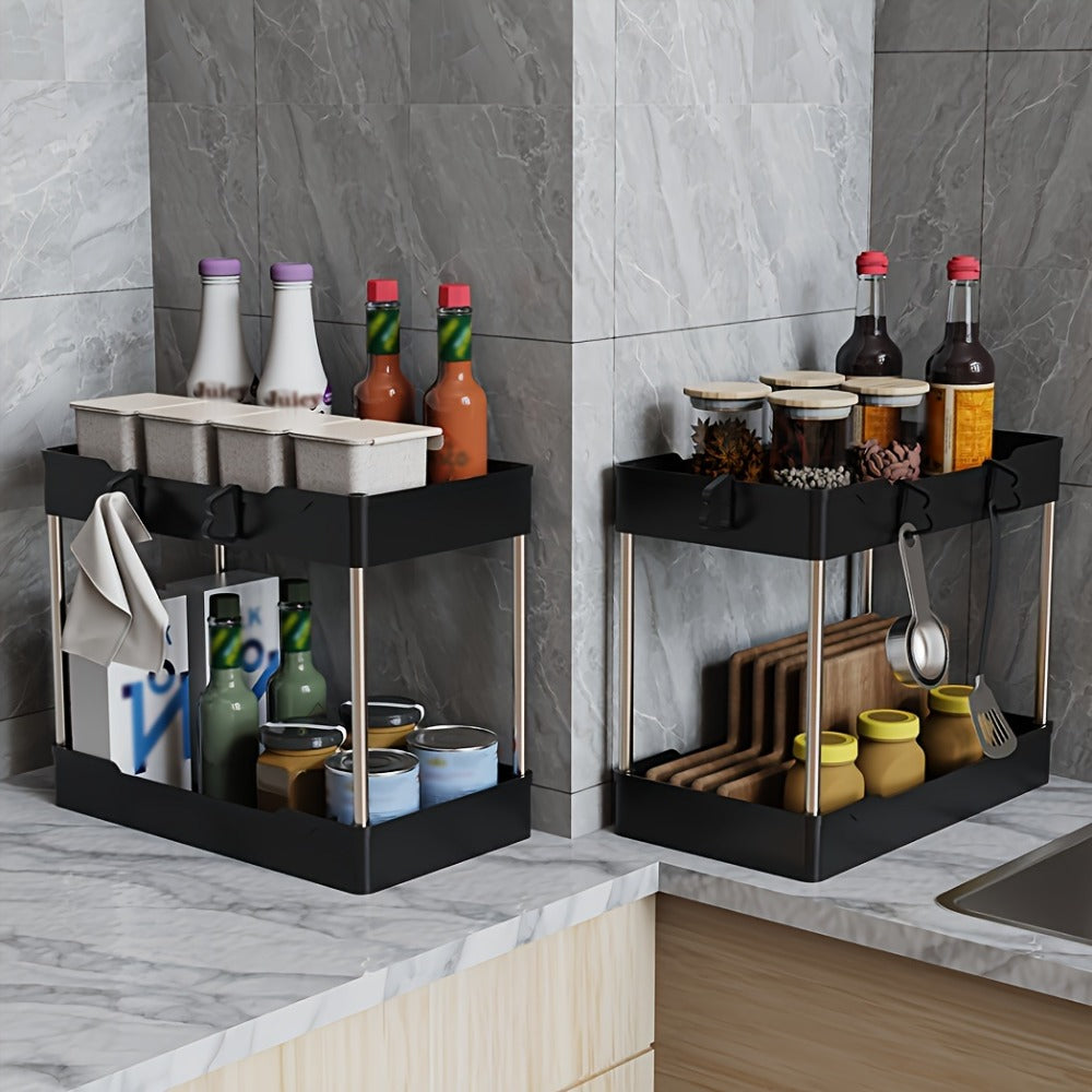 Three-Pack Under-Sink Storage Organizer Set with Two-Tier Racks in Graduated Sizes and Black or White Finish
