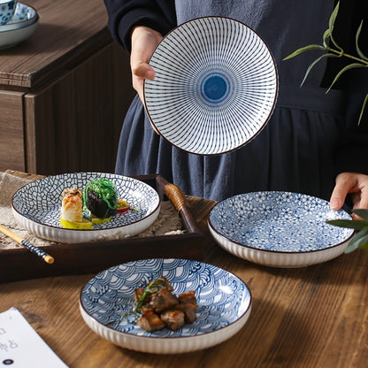 Blue White Ceramic Plates Set of 4 Round Shallow Serving Plates for Pasta Salad Bread for Entryways, Bedrooms and Living Spaces