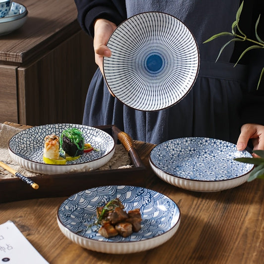 Blue White Ceramic Plates Set of 4 Round Shallow Serving Plates for Pasta Salad Bread Desserts - Holiday Dinnerware for Christmas Easter Thanksgiving Table Settings, Easy to Clean Dishwasher Safe