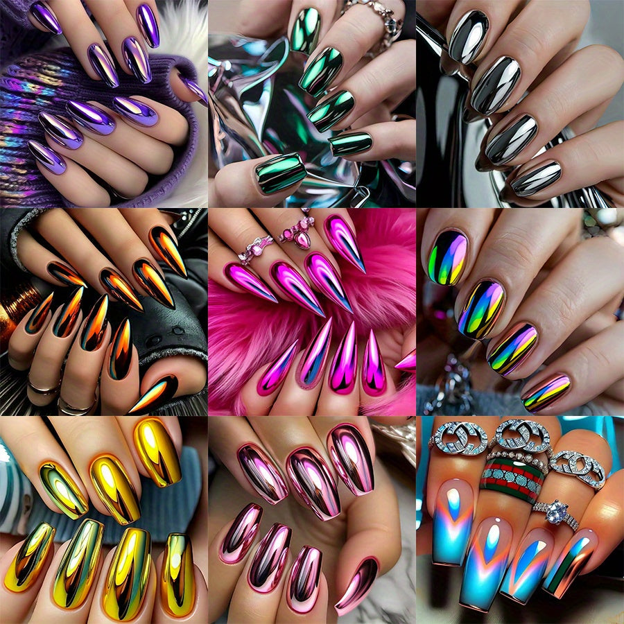 Press On Nails 216-Piece Almond Pointed Nine-Pack Set with Purple Pink Silver Gold Styles and Glue