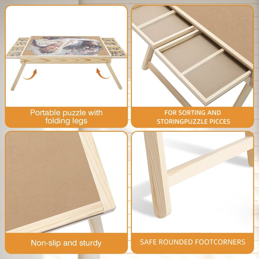 Foldable Wooden Jigsaw Puzzle Table with 4 Storage Drawers, 16 Sorting Grids and Natural-Color 1000-Piece Work Surface