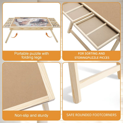 Foldable Wooden Jigsaw Puzzle Table with 4 Storage Drawers, 16 Sorting Grids and Natural-Color 1000-Piece Work Surface