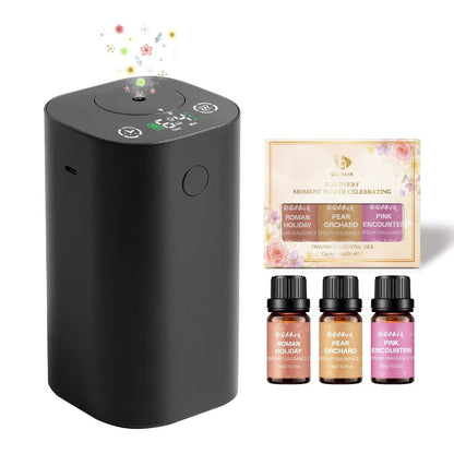 Waterless Essential Oil Diffuser Nebulizer – 4 Mist Levels, 1/2/3/4/6H Timer, Auto-Off, Battery Operated Mini Scent Machine for Home Car Bedroom Hotel, Essential Oil Bundles (Silver & Black)