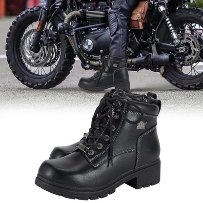 Women's Motorcycle Riding Boots, Low Heel Lace-Up Ankle Booties with Side Zipper, Non-Slip Rubber Sole Biker Combat Boots in Black Faux Leather, All-Season, US Sizes 6–11