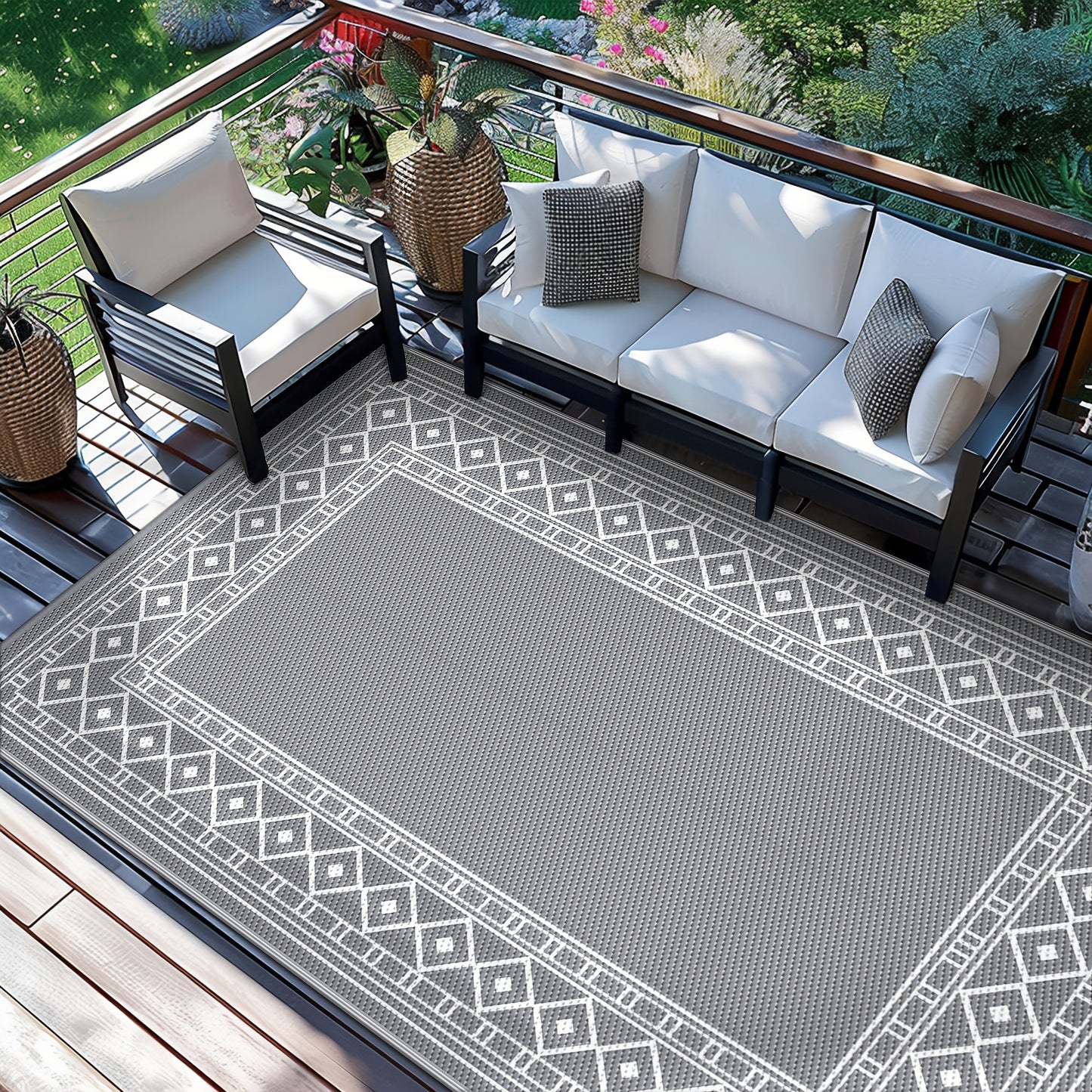 Reversible Outdoor Rug in Multiple Geometric, Border and Leaf Patterns with Displayed Sizes from 5 x 8 to 9 x 12 Feet