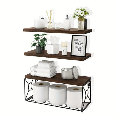 Floating Shelves Over Toilet 3-Piece Set | Farmhouse Bathroom Wall Mounted Storage Shelf for Toilet Paper, Towels & Decor – Black, Brown, Burlywood