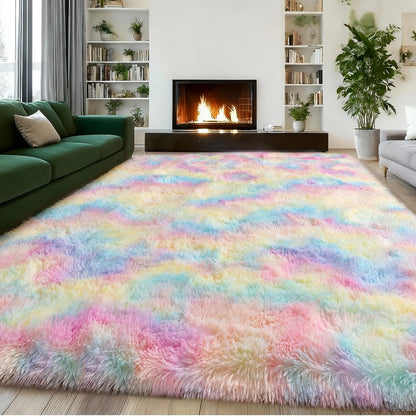 Area Rug Rainbow Tie-Dye Shag with Four Machine-Washable Sizes for Bedroom, Living Room or Office
