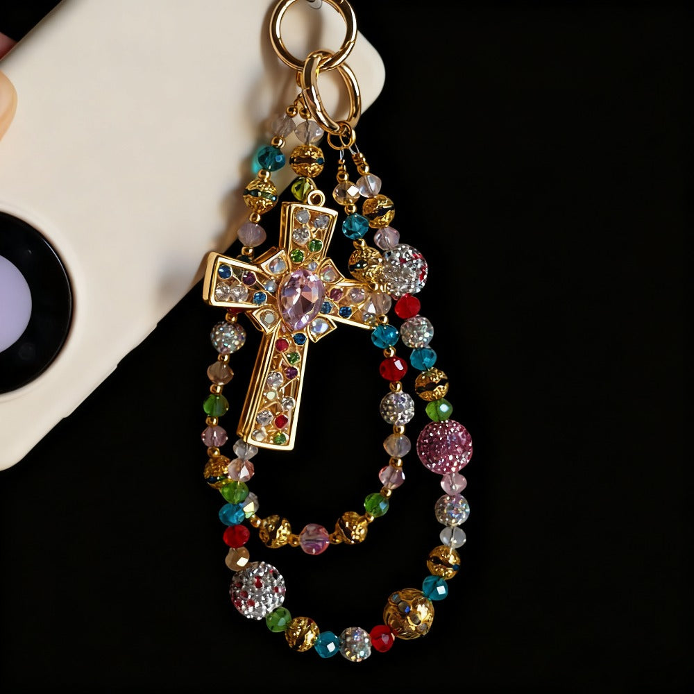 Colorful Crystal Cross Phone Chain Keychain with Rhinestone Beads and Gold-Tone Clasp for Bags or Phones