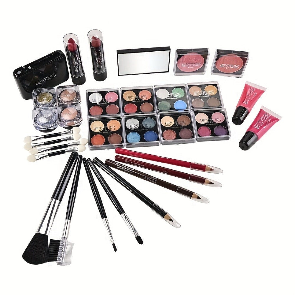 56 Piece Makeup Kit Full Face Set Eyeshadow Lipstick Blush Lip Gloss Eyebrow Pencil Glitter Brushes for Women Beginner Wedding Stage Holiday Gift