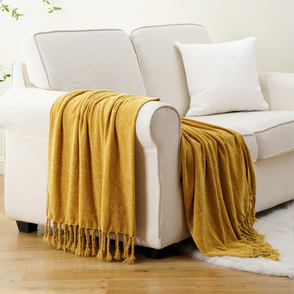 Chenille Fringe Throw Blanket – 180-200gsm Velvety Soft Decorative Throw for Sofa & Couch, Home Decor, 50”×60”, 17 Colors