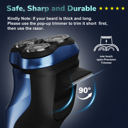 Three-Head Rotary Electric Shaver with Pop-Up Trimmer in Gunmetal or Blue Fade, ABS and Stainless Steel