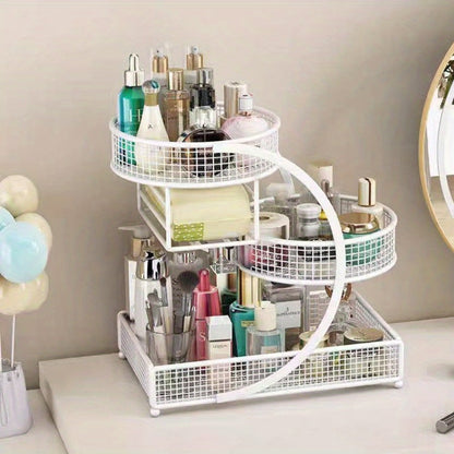 Three-Tier Metal Cosmetic Organizer with Tissue Box Holder in Black or White for Countertop Storage