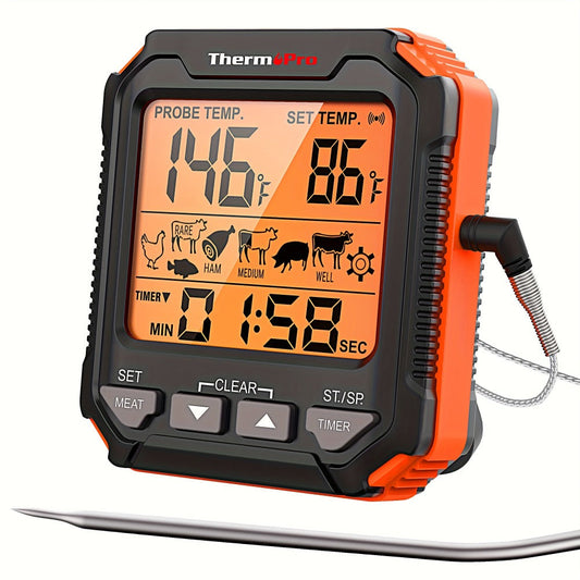 Digital Meat Thermometer with Probe Backlit Display Temp Alert for BBQ Smoker Oven Cooking - 6 Meat Presets 3 Doneness Levels Wide Range 14°F to 572°F Countdown Timer Kitchen Cooking Thermometer