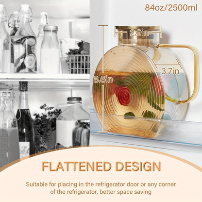 Borosilicate Glass Pitcher with Lid for Fridge, 2.5L/84oz Large Iced Tea Pitcher with Handle, Water Jug for Sun Tea, Lemonade, Fruit Juice, Cold & Hot Beverages, Golden & Grey