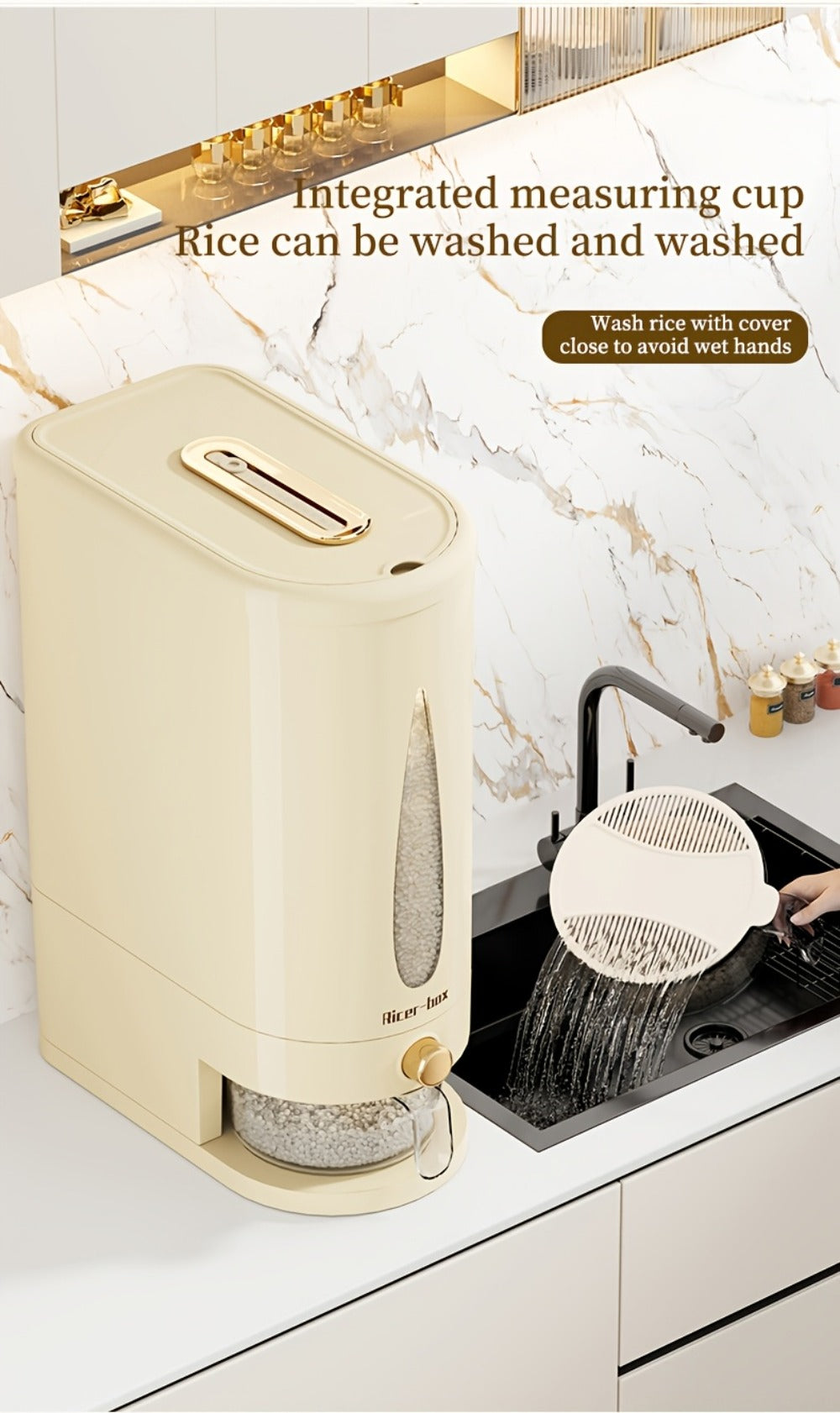 Food Storage Container Press-Button Rice Dispenser with Measuring Cup and 11lb or 22lb Capacity Options